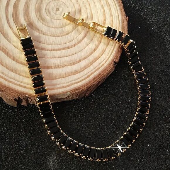 Elegant 18K Golden Plated Copper Tennis Bracelet with Black Square  Daily Wear - Picture 1 of 2